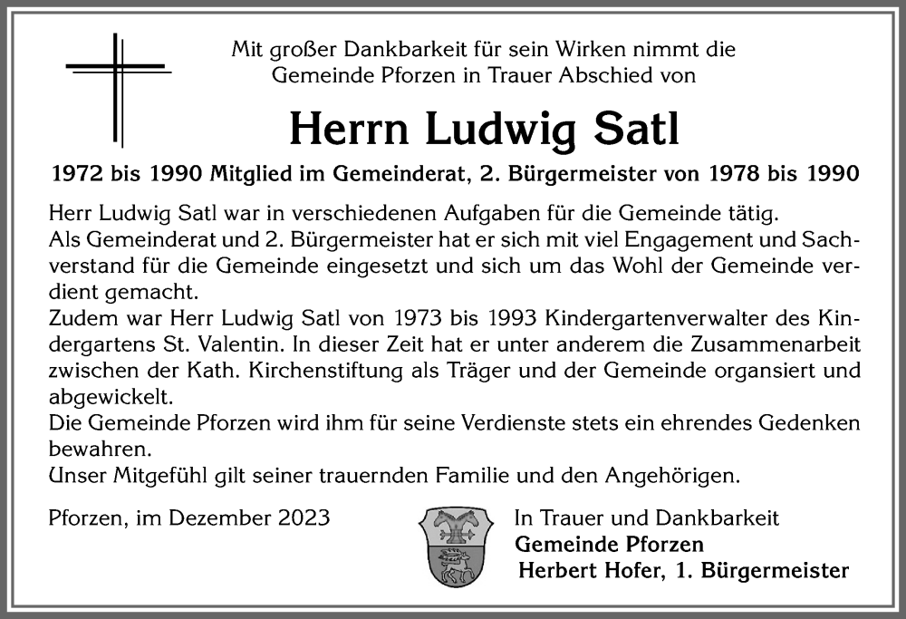 Traueranzeige von Ludwig Satl von Allgäuer Zeitung, Kaufbeuren/Buchloe