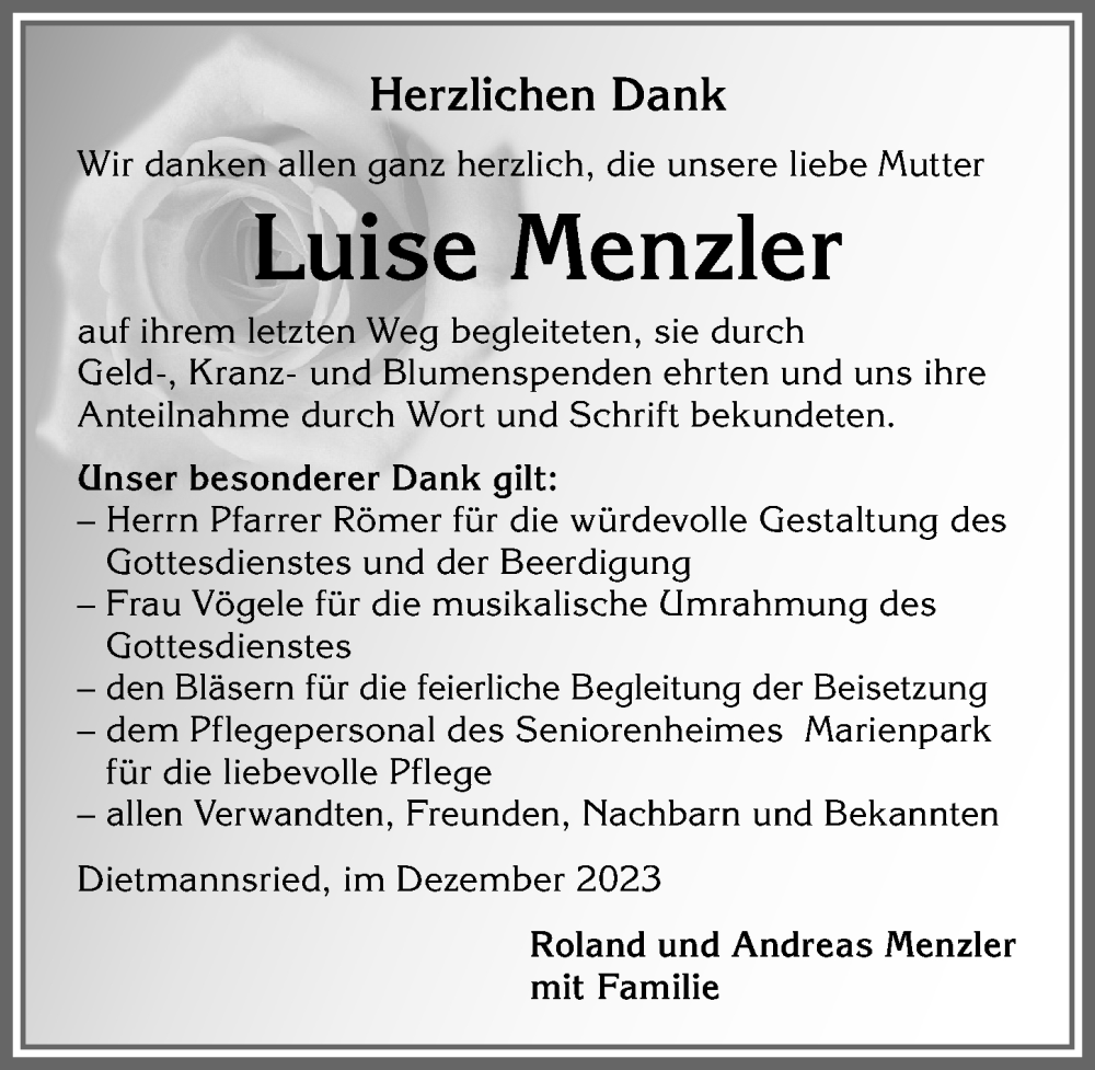 Traueranzeige von Luise Menzler von Allgäuer Zeitung,Kempten