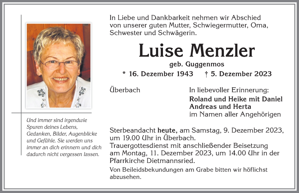 Traueranzeige von Luise Menzler von Allgäuer Zeitung,Kempten