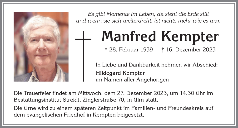 Traueranzeige von Manfred Kempter von Allgäuer Zeitung,Kempten