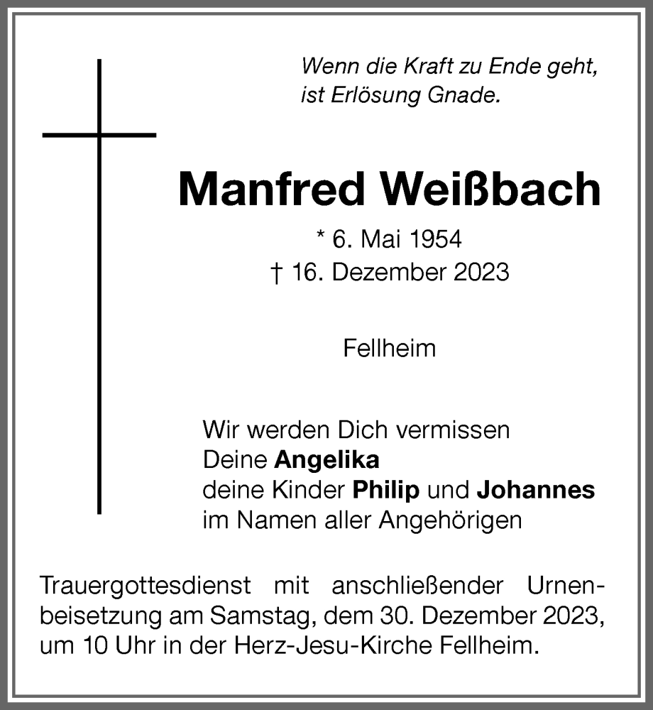 Traueranzeige von Manfred Weißbach von Memminger Zeitung