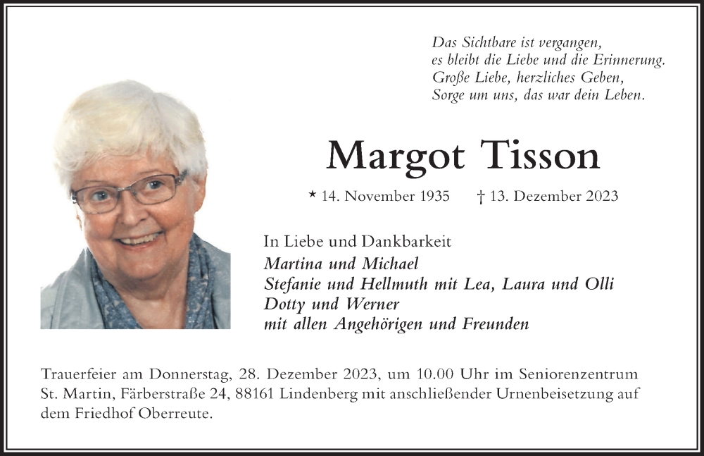 Traueranzeige von Margot Tisson von Der Westallgäuer