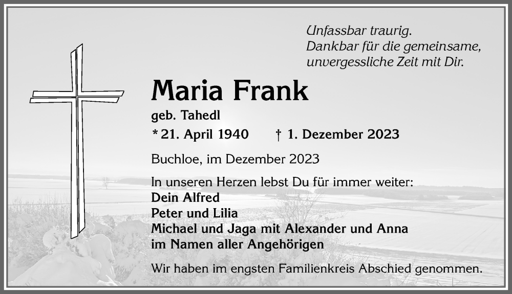 Traueranzeige von Maria Frank von Allgäuer Zeitung, Kaufbeuren/Buchloe