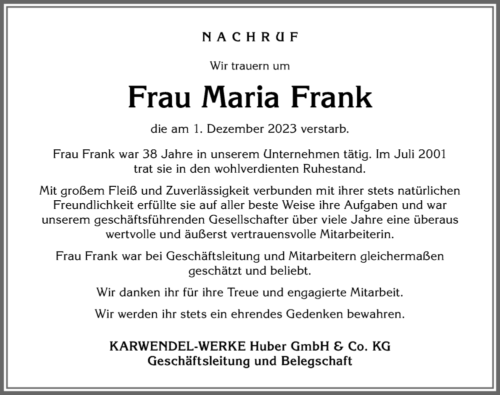 Traueranzeige von Maria Frank von Allgäuer Zeitung, Kaufbeuren/Buchloe