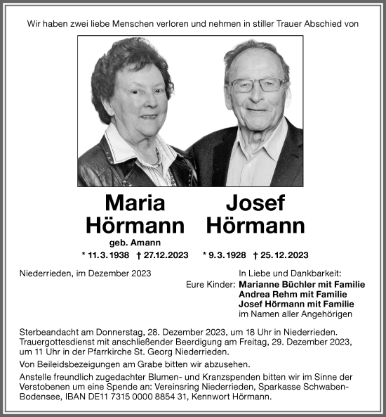Traueranzeige von Maria Hörmann von Memminger Zeitung
