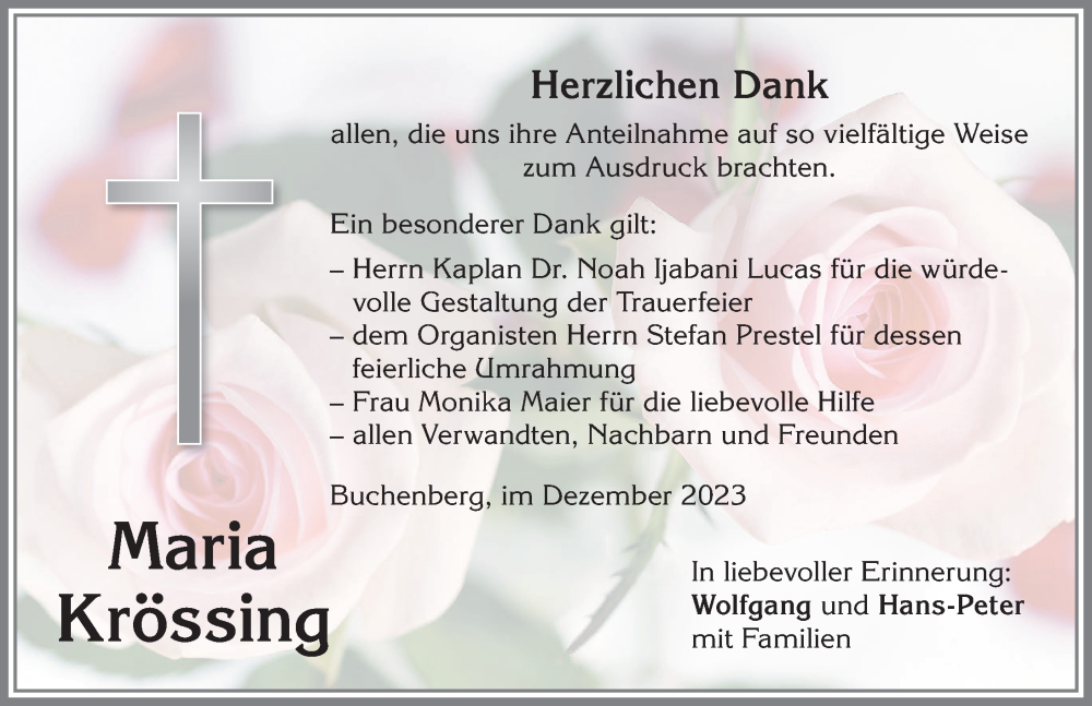 Traueranzeige von Maria Krössing von Allgäuer Zeitung,Kempten