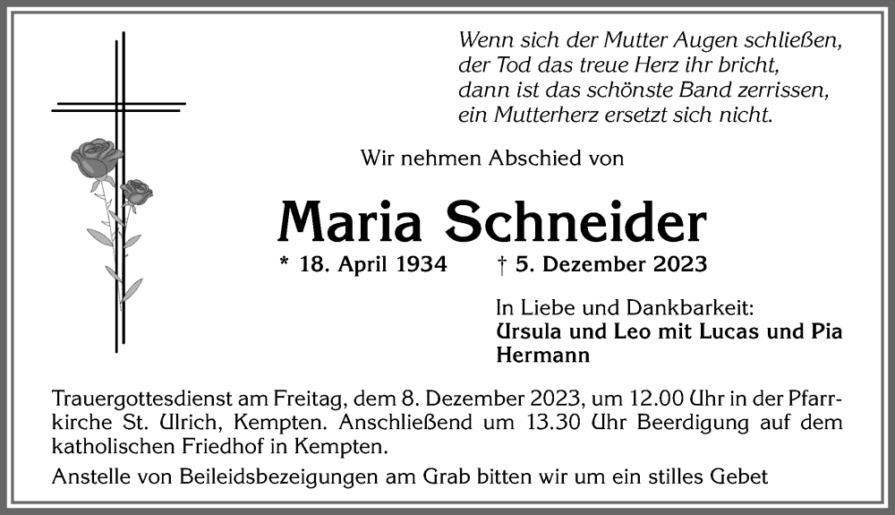 Traueranzeige von Maria Schneider von Allgäuer Zeitung,Kempten