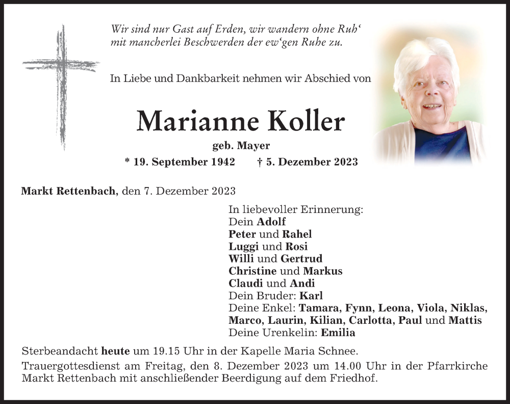 Traueranzeige von Marianne Koller von Allgäuer Zeitung, Marktoberdorf