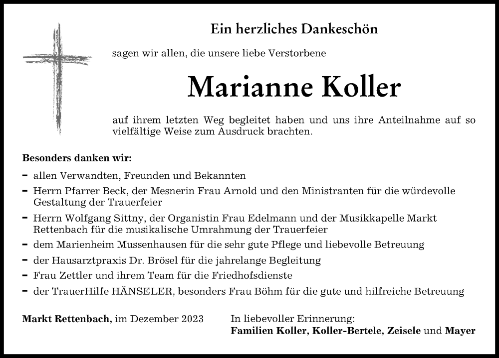 Traueranzeige von Marianne Koller von Memminger Zeitung