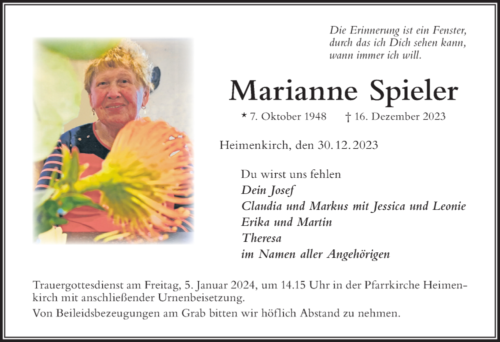 Traueranzeige von Marianne Spieler von Der Westallgäuer