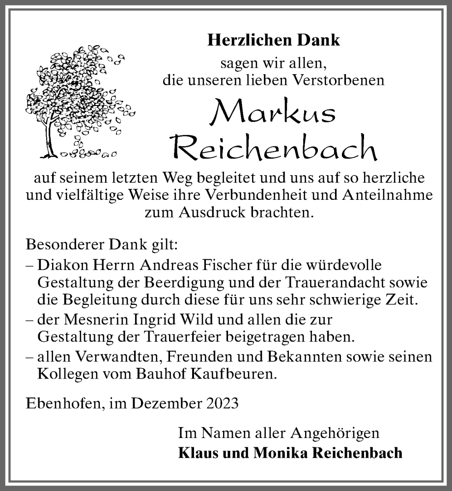 Traueranzeige von Markus Reichenbach von Allgäuer Zeitung, Marktoberdorf