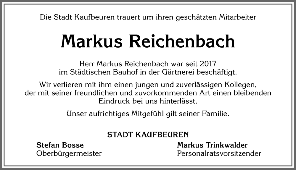 Traueranzeige von Markus Reichenbach von Allgäuer Zeitung, Marktoberdorf