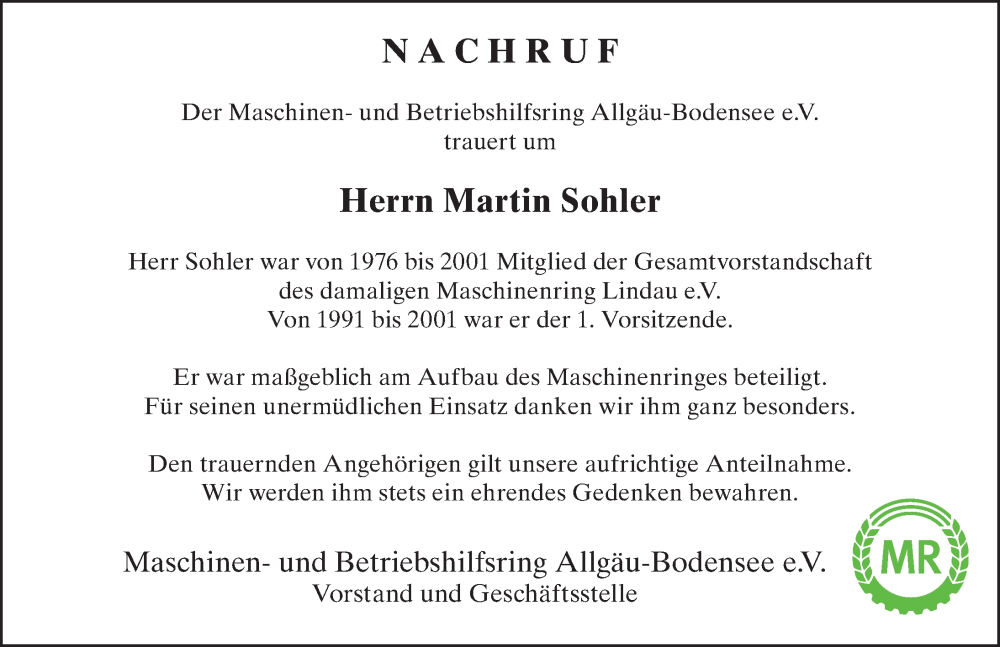 Traueranzeige von Martin Sohler von Der Westallgäuer