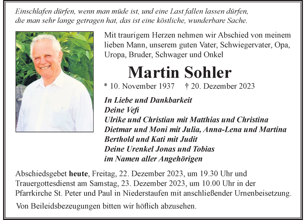 Traueranzeige von Martin Sohler von Der Westallgäuer