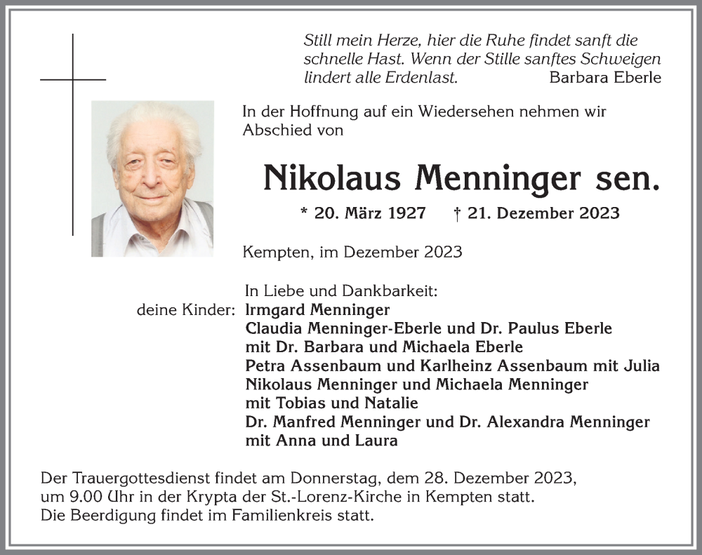 Traueranzeige von Nikolaus Menninger von Allgäuer Zeitung,Kempten