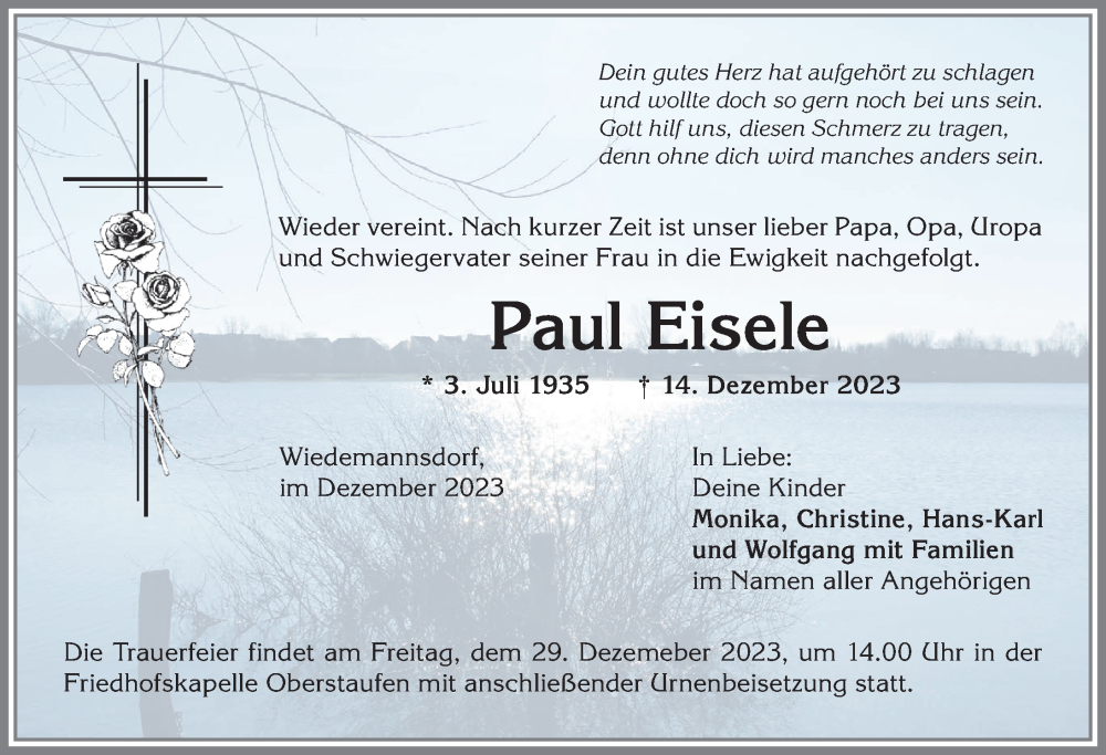 Traueranzeige von Paul Eisele von Allgäuer Anzeigeblatt