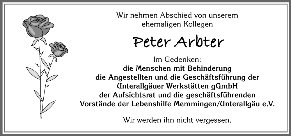 Traueranzeige von Peter Arbter von Memminger Zeitung