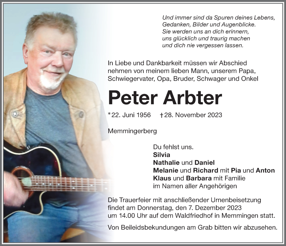 Traueranzeige von Peter Arbter von Memminger Zeitung