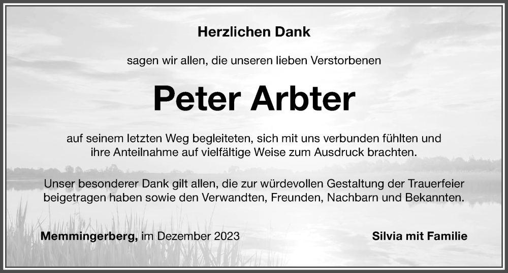 Traueranzeige von Peter Arbter von Memminger Zeitung