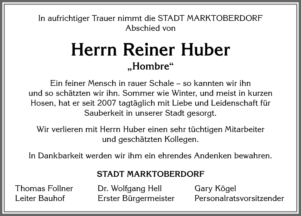 Traueranzeige von Reiner Huber von Allgäuer Zeitung, Marktoberdorf