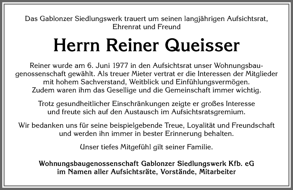 Traueranzeige von Reiner Queisser von Allgäuer Zeitung, Kaufbeuren/Buchloe