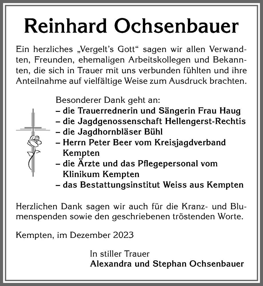 Traueranzeige von Reinhard Ochsenbauer von Allgäuer Zeitung,Kempten