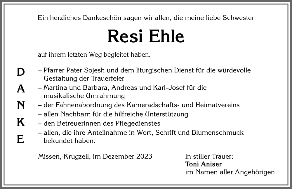 Traueranzeige von Resi Ehle von Allgäuer Anzeigeblatt