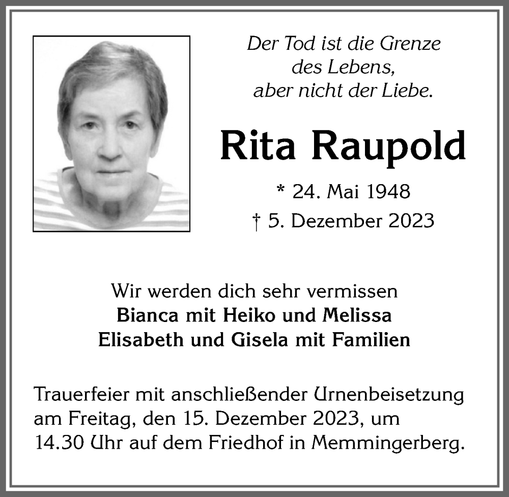 Traueranzeige von Rita Raupold von Memminger Zeitung