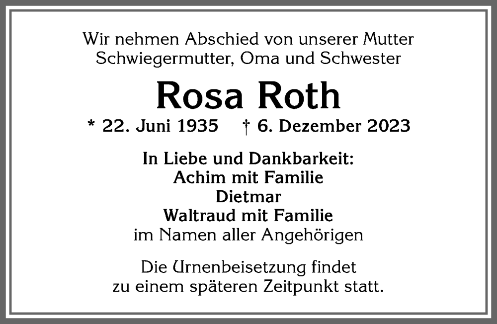 Traueranzeige von Rosa Roth von Allgäuer Anzeigeblatt