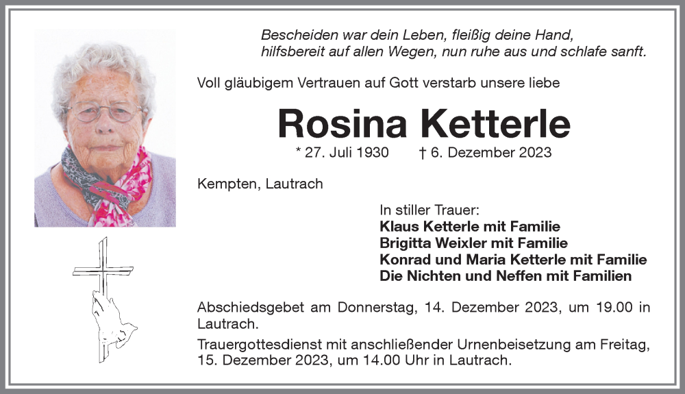 Traueranzeige von Rosina Ketterle von Memminger Zeitung