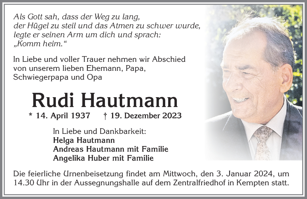 Traueranzeige von Rudi Hautmann von Allgäuer Zeitung,Kempten