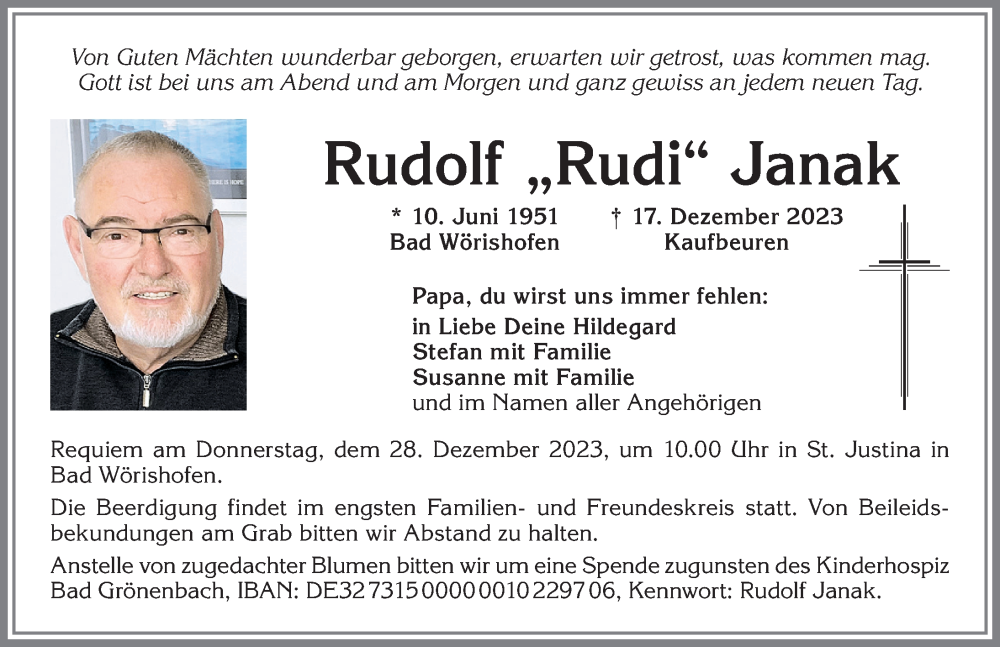 Traueranzeige von Rudolf Janak von Augsburger Allgemeine, Mindelheimer Zeitung