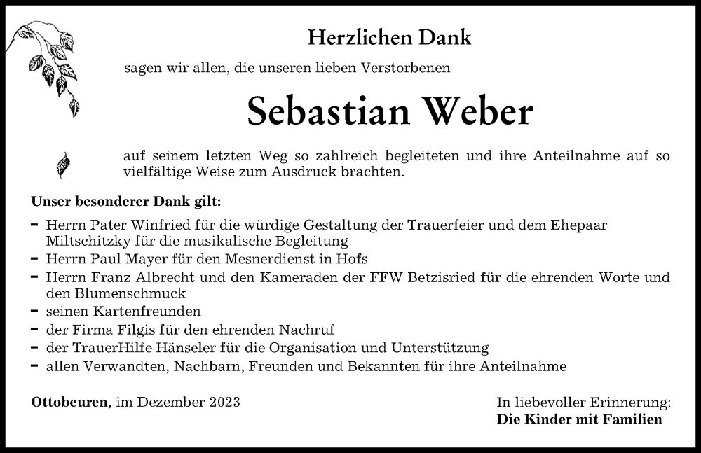 Traueranzeige von Sebastian Weber von Memminger Zeitung