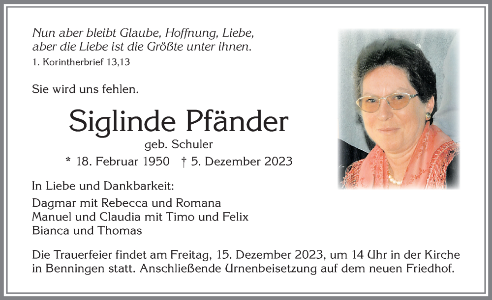 Traueranzeige von Siglinde Pfänder von Memminger Zeitung