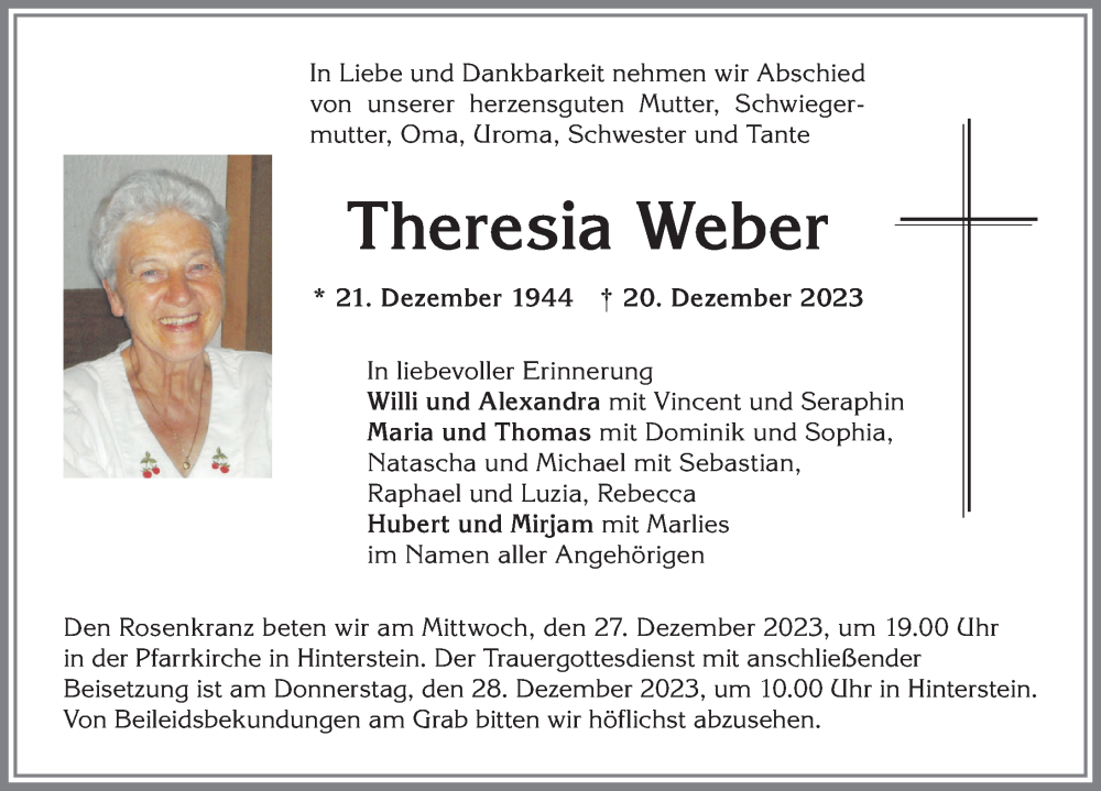 Traueranzeige von Theresia Weber von Allgäuer Anzeigeblatt