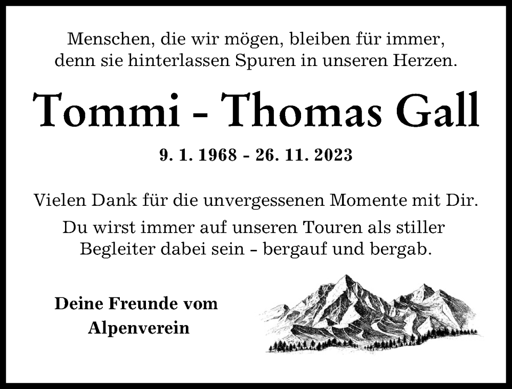  Traueranzeige für Thomas Gall vom 01.12.2023 aus Augsburger Allgemeine, Mindelheimer Zeitung