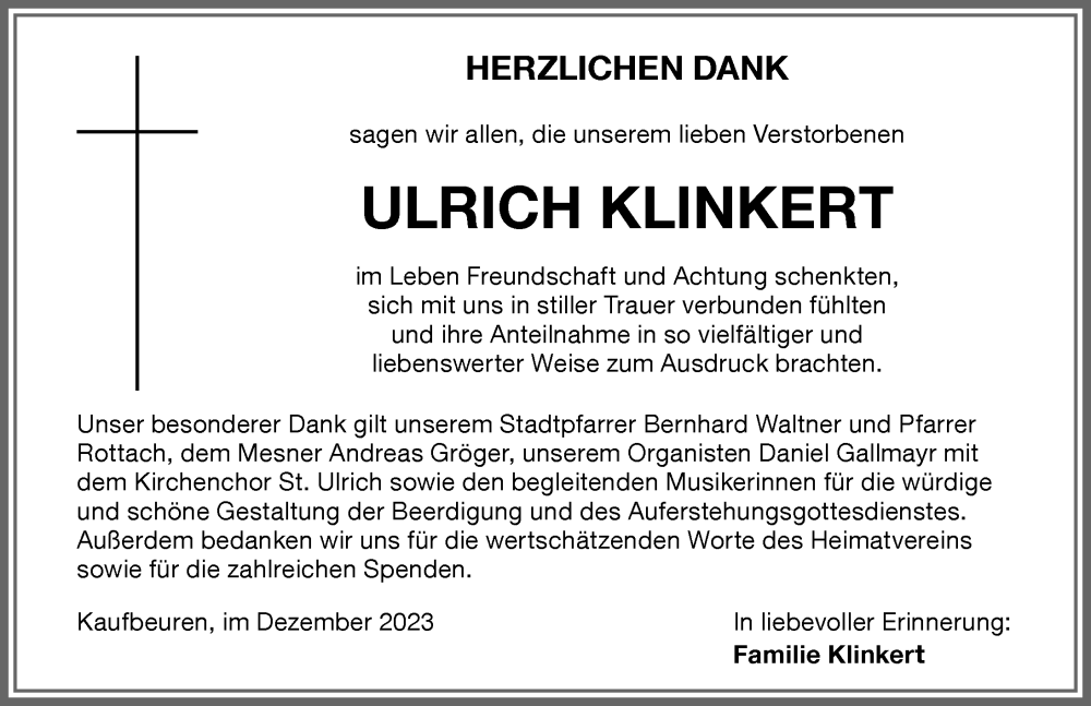  Traueranzeige für Ulrich Klinkert vom 02.12.2023 aus Allgäuer Zeitung, Kaufbeuren/Buchloe