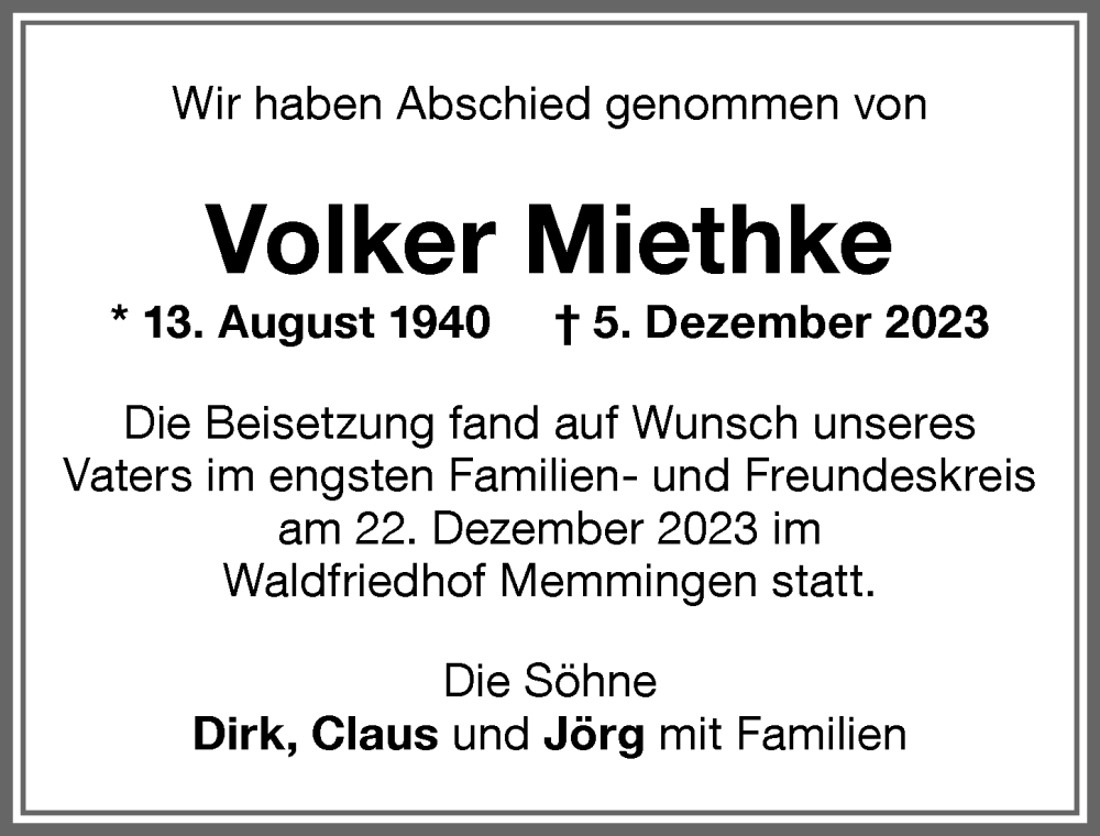 Traueranzeige von Volker Miethke von Memminger Zeitung