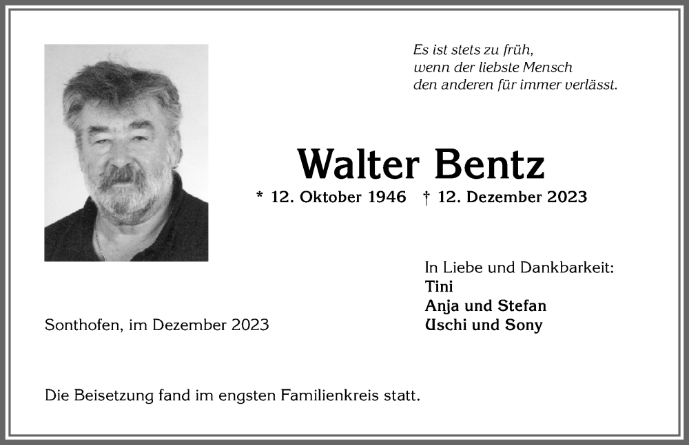 Traueranzeige von Walter Bentz von Allgäuer Anzeigeblatt