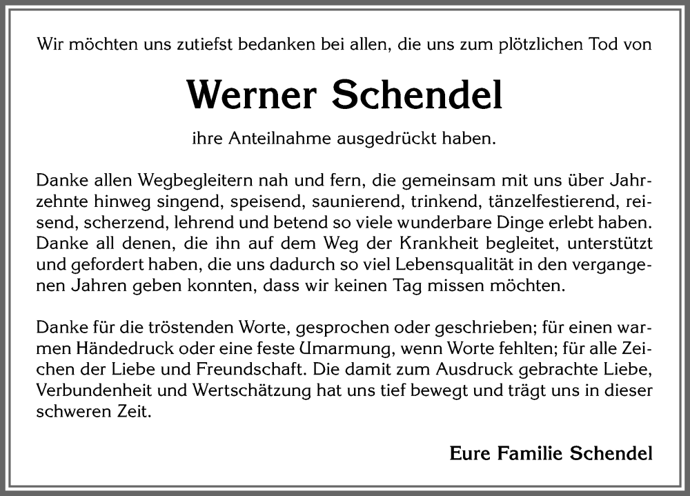 Traueranzeige von Werner Schendel von Allgäuer Zeitung, Kaufbeuren/Buchloe