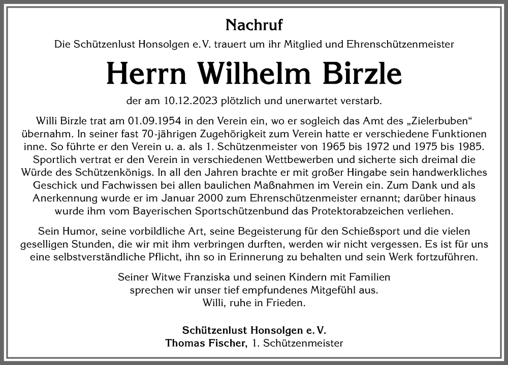 Traueranzeige von Wilhelm Birzle von Allgäuer Zeitung, Kaufbeuren/Buchloe