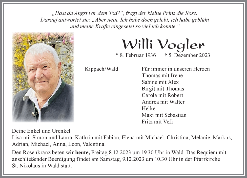 Traueranzeige von Willi Vogler von Allgäuer Zeitung, Marktoberdorf