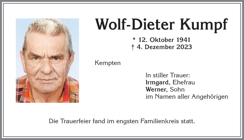 Traueranzeige von Wolf-Dieter Kumpf von Allgäuer Zeitung,Kempten