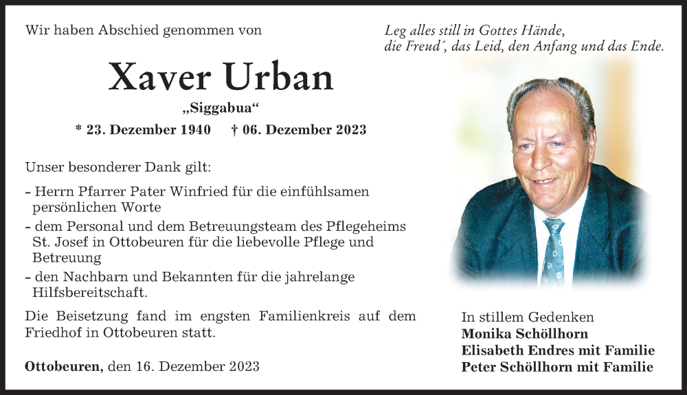 Traueranzeige von Xaver Urban von Memminger Zeitung