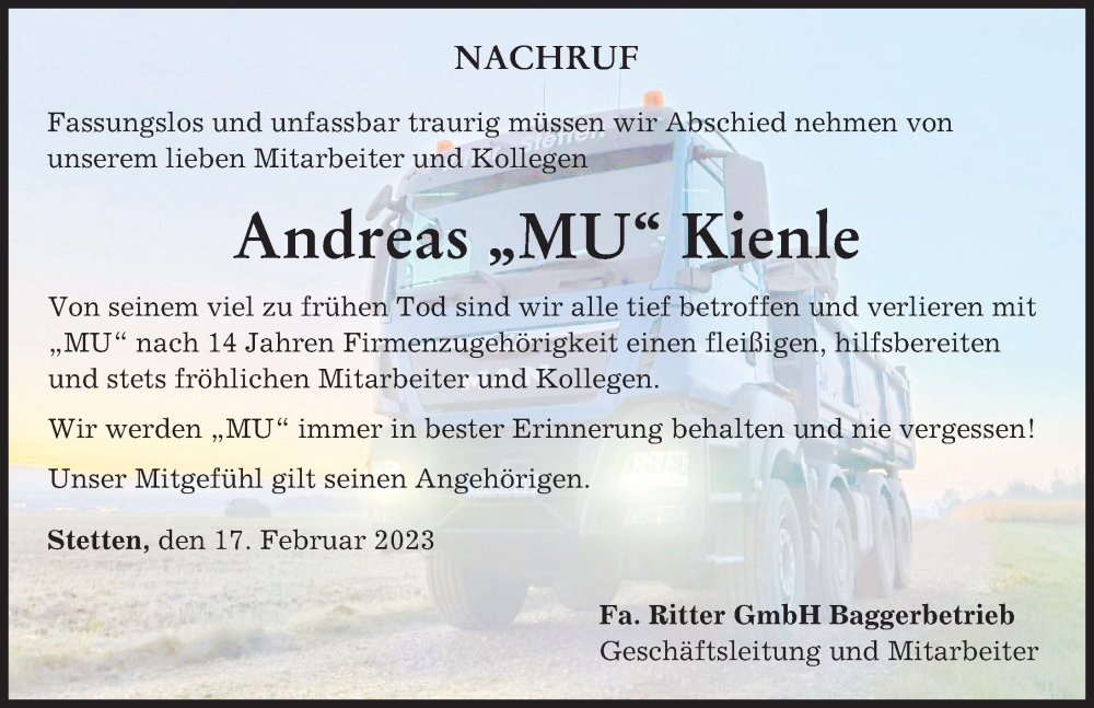  Traueranzeige für Andreas Kienle vom 15.02.2023 aus Augsburger Allgemeine, Mindelheimer Zeitung