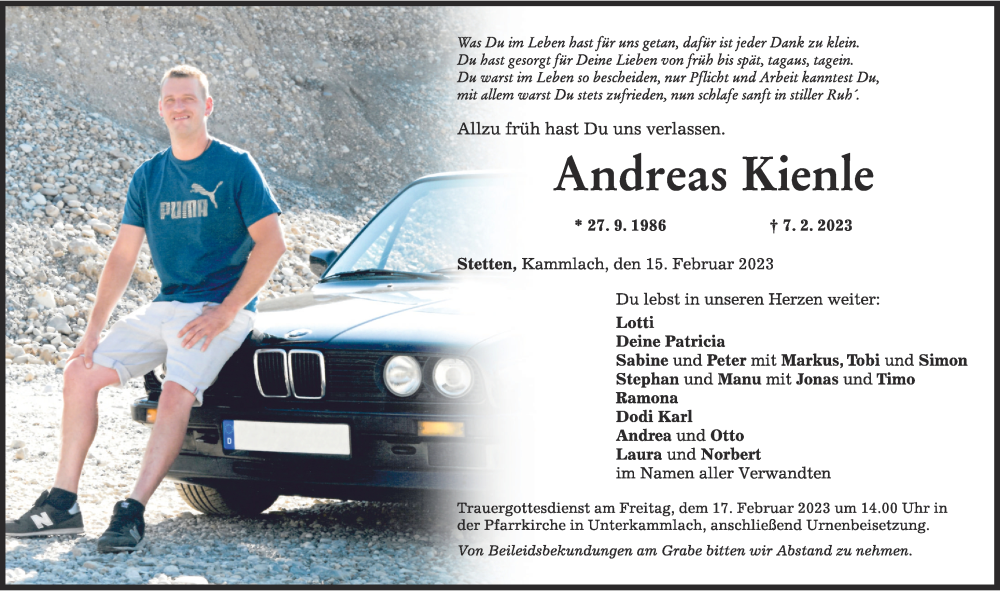  Traueranzeige für Andreas Kienle vom 15.02.2023 aus Augsburger Allgemeine, Mindelheimer Zeitung
