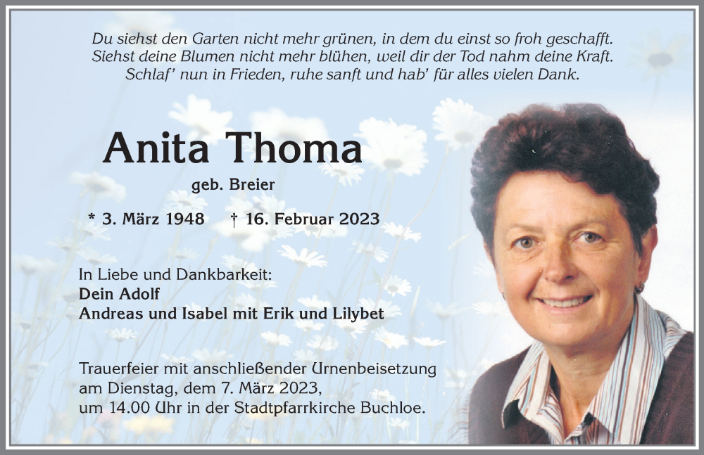 Traueranzeige von Anita Thoma von Allgäuer Zeitung, Kaufbeuren/Buchloe