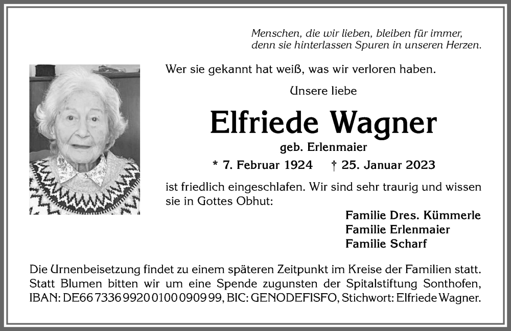 Traueranzeige von Elfriede Wagner von Allgäuer Anzeigeblatt