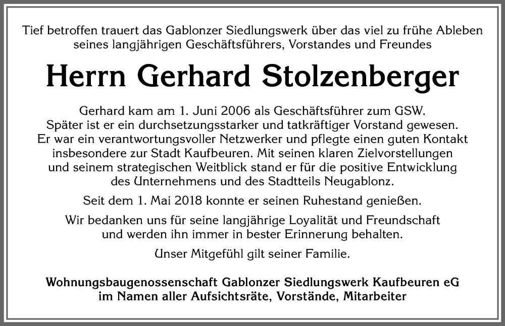  Traueranzeige für Gerhard Stolzenberger vom 04.02.2023 aus Allgäuer Zeitung, Kaufbeuren/Buchloe