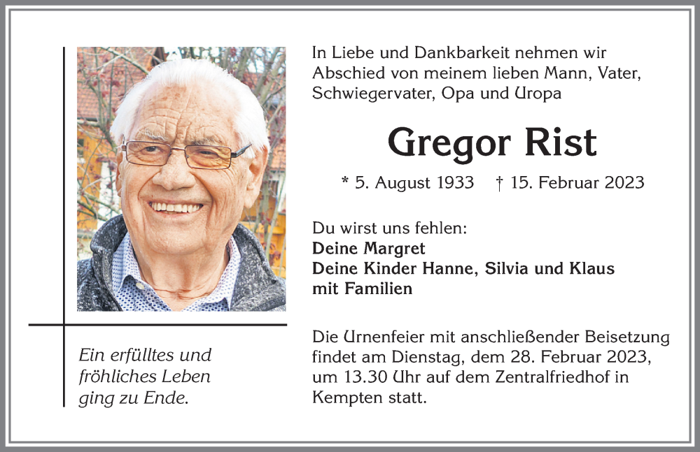 Traueranzeigen Von Gregor Rist | Augsburger Allgemeine Zeitung